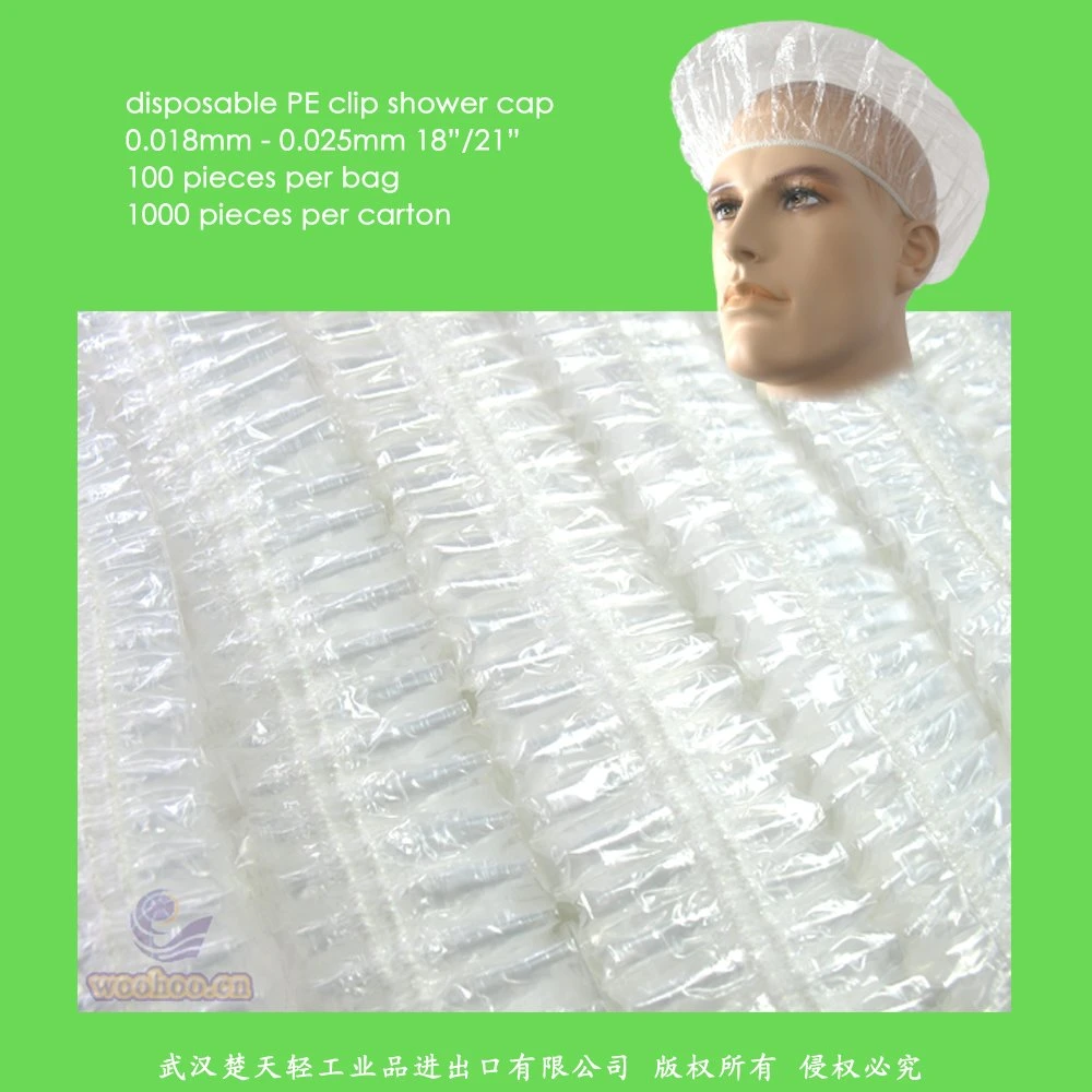 Waterproof Transparent Poly/HDPE/LDPE/Clear/Mob/Mop/Plastic Disposable PE Shower Cap for Hotel/Travel Bath/Bathing with Pleated/Crimped/Strip/Clip/Stripe Shapes