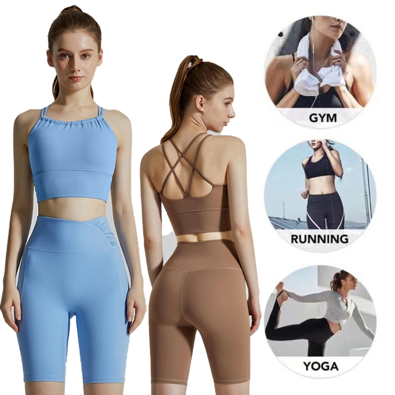 Wholesale/Supplier Ladies Attractive Yoga Fitness Sportswear 2PCS Gym Wear for Women, Customize Strappy Back Tank Top with High Waist Tennis Shorts Workout Clothes Set