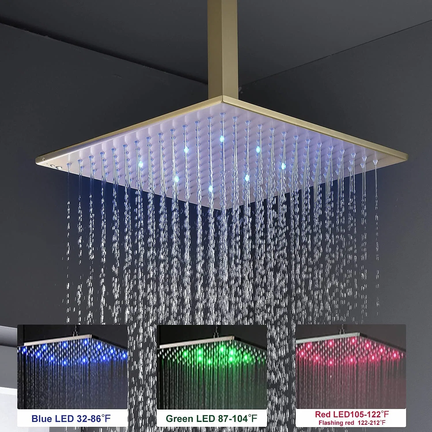 Oro en el techo del sistema de cabezal de ducha de lluvia, de 12 pulgadas cuadradas con LED de cabezal de ducha de mano y de varios surtidores de cuerpo combinado ducha termostática, puede utilizar