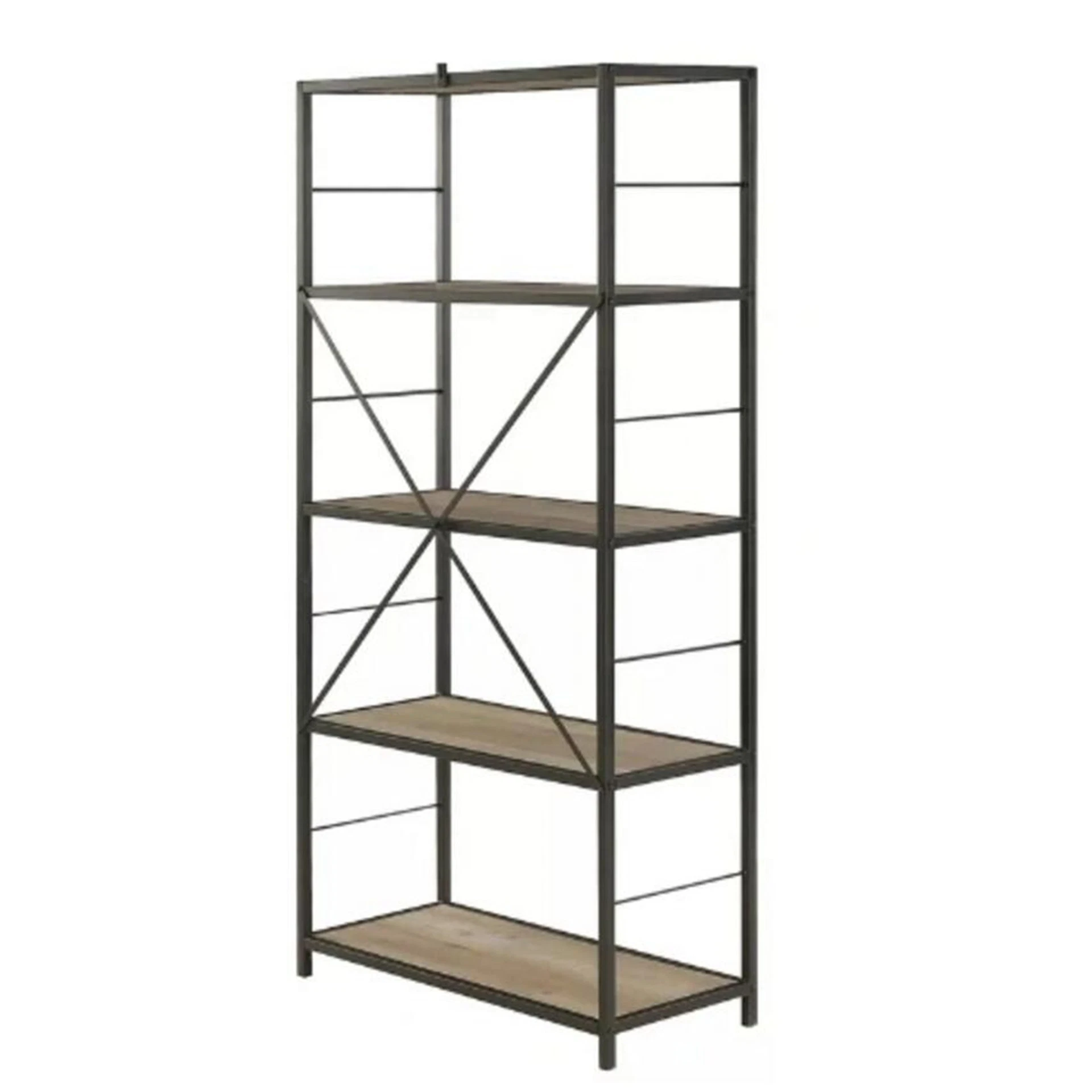 Natural Stained Acacia Wood Bookshelf with Rustic Metal Finished Iron Etagere Accents