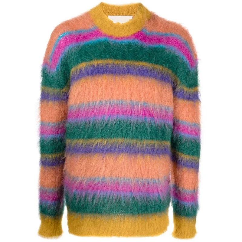 Camisolas personalizadas Fuzzy Knitwear Winter Knittrained Pullover Striped Mohair para homem