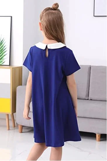 Girl White Peter Pan Collar School Uniform Short Sleeve Jumper Polo Dress for 4-14t