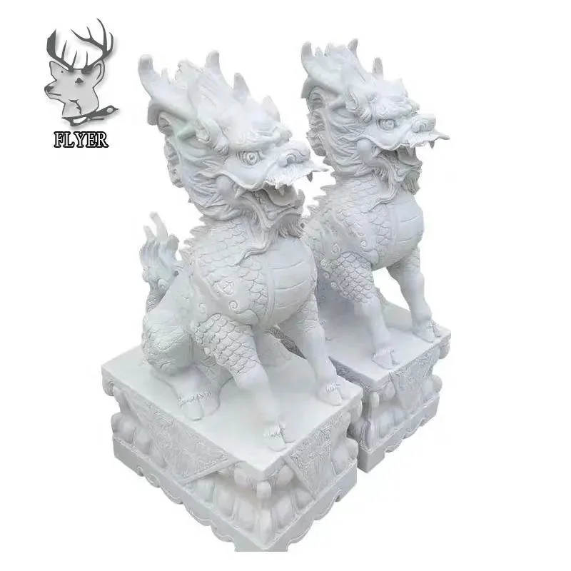 Garden Decoration Chinese Qilin Kylin Stone Carving Statue Feng Shui Marble Sculpture White Marble Kirin Sculpture