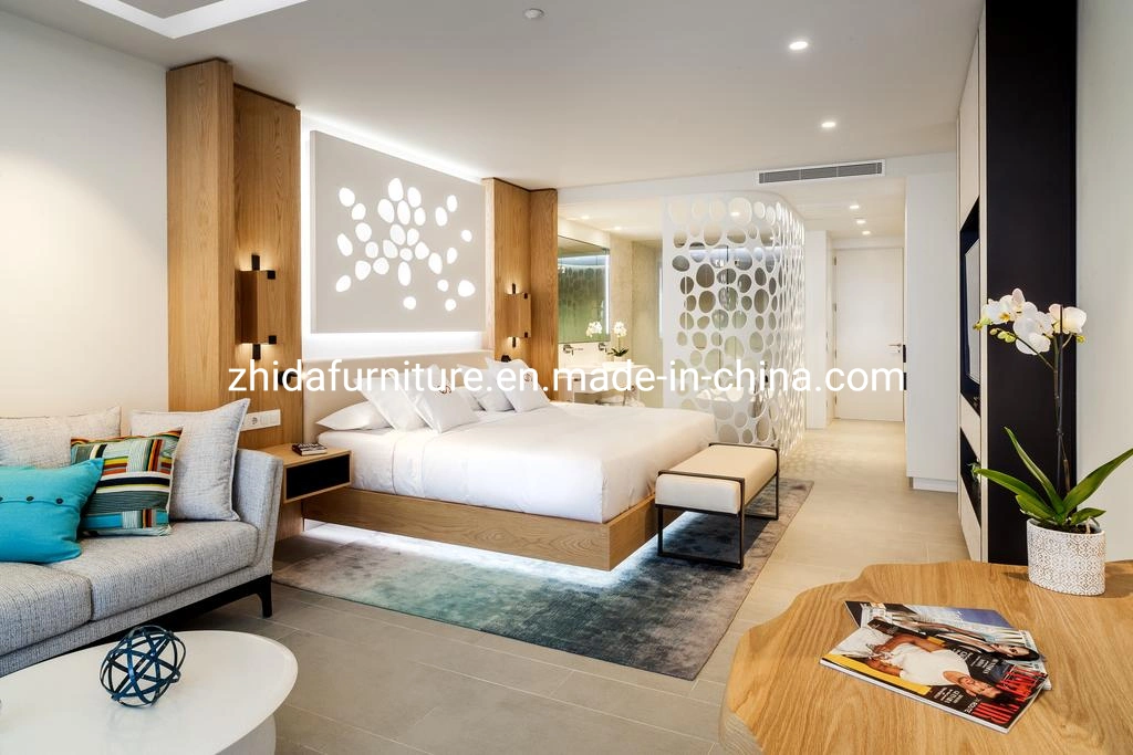 Zhida Custom 5 Star Modern Design Seaside Vacation Hotel Furniture Apartment Bedroom Set Villa Wooden Furniture King Size Bed with LED Light