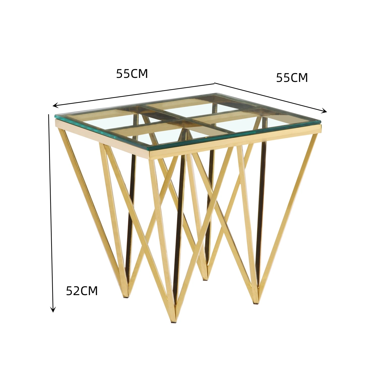 Tabela lateral em vidro quadrado de luxo dourado para sofá mobiliário