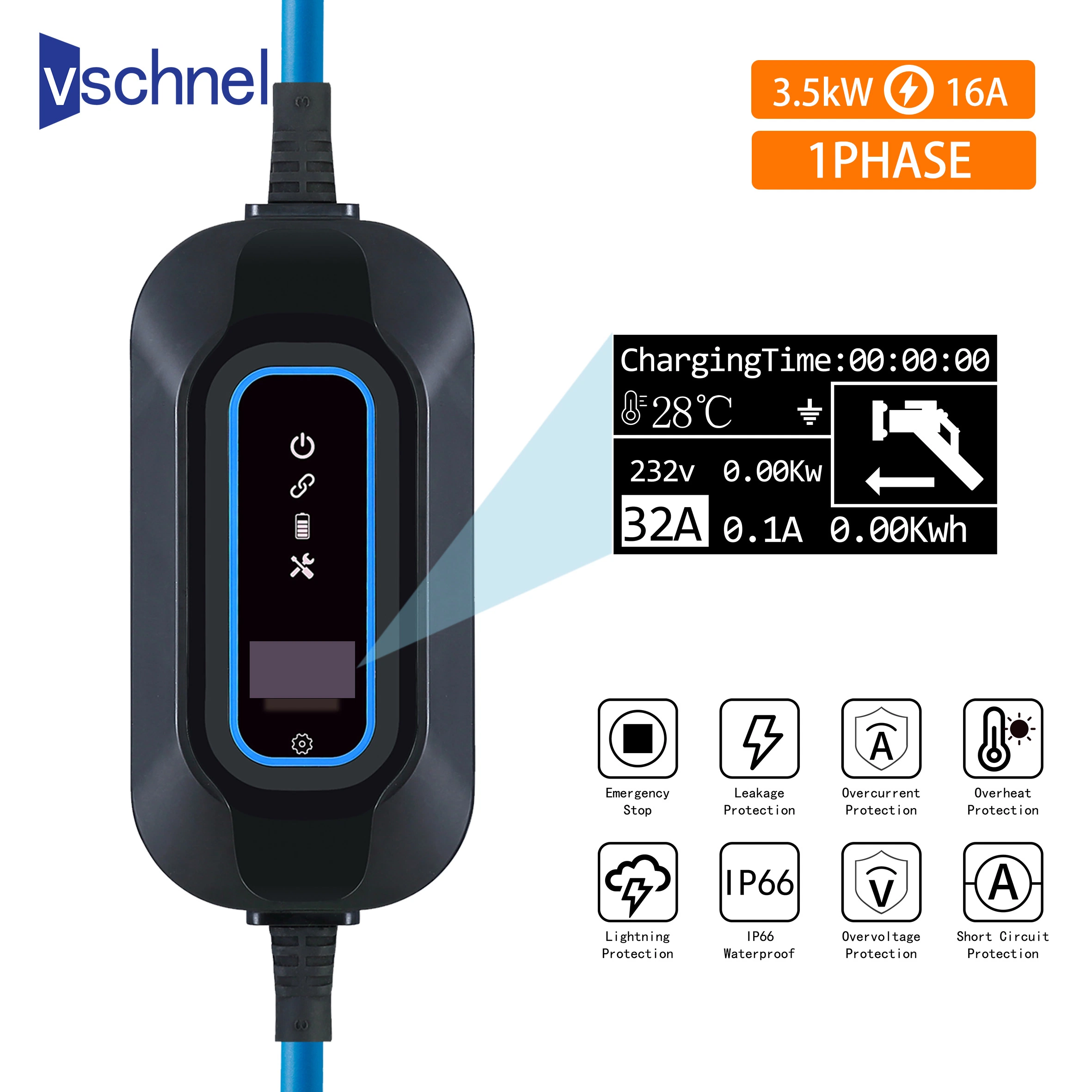 IP67 Electric Car on Board Battery Chargers 3.5kw Max 16A Adjustable Current Portable EV Charger Silver Plated Copper Wire