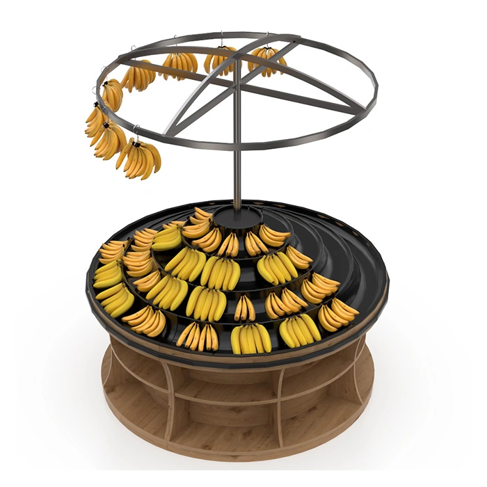 Four Step Riser Wooden Round Table Supermarket Fruit Display Rack