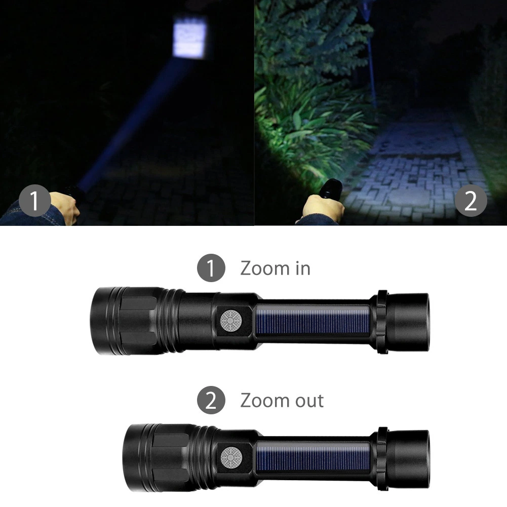 USB Rechargeable T6 LED Torch Lamp Multi-Function Zooming Adjustable Flash Light with Compass 3.7V 2000mAh Solar Aluminum Zoomable Flashlight