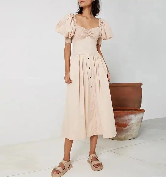 Sweetheart Bishop Sleeve Shirred A Line Flared MIDI Cotton Evening Linen Dress