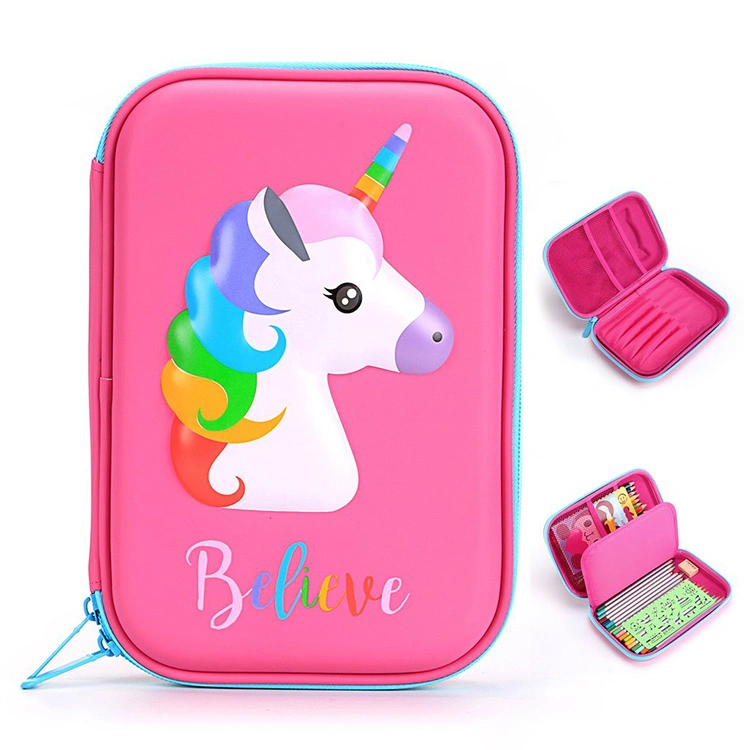 Hot Pink Hard Shell Portable Unicorn EVA Waterproof 3D Printing PU Pen Pencil Stationery Bag Case