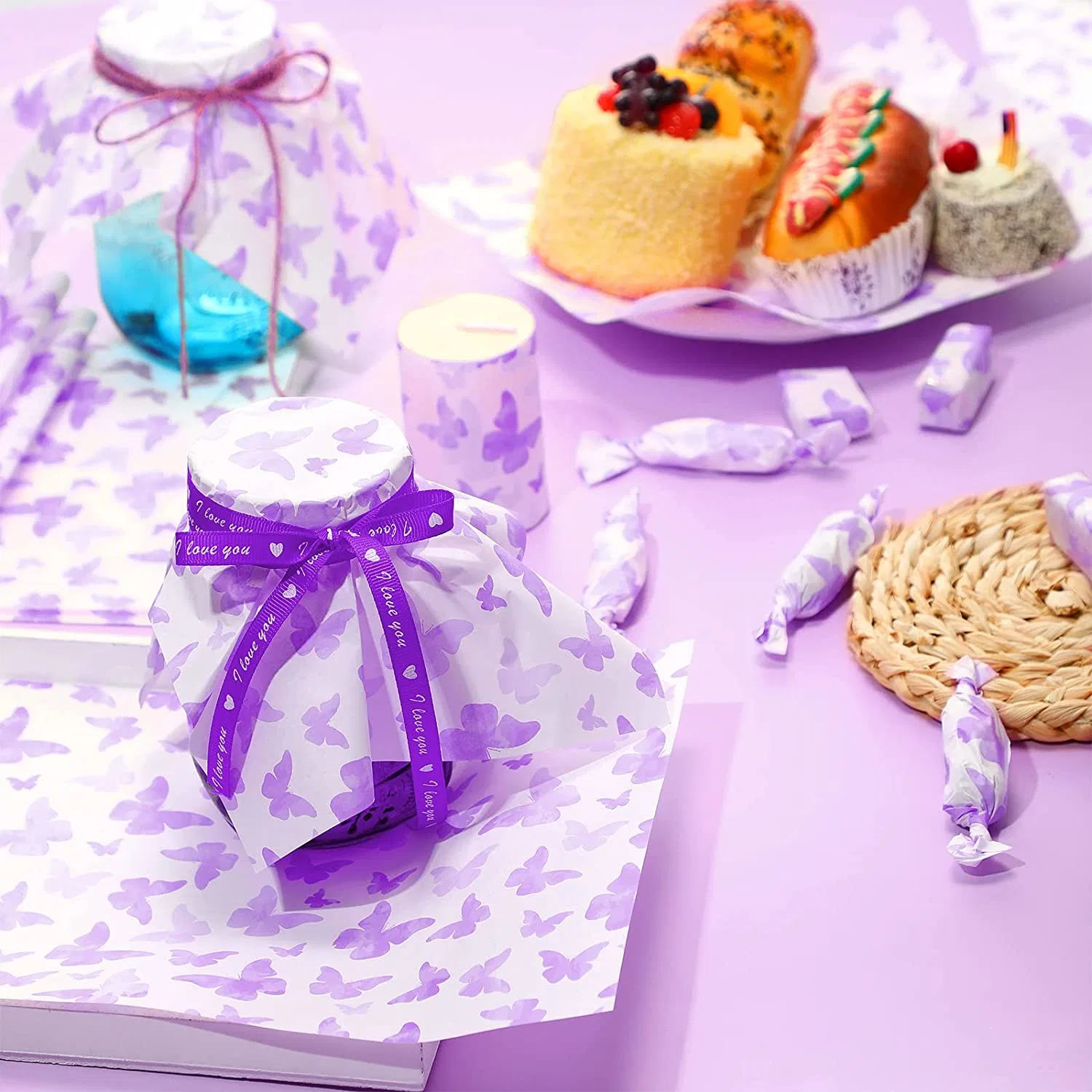 Purple Food Baking Wax Paper Butterfly Deli Wax Paper Oil Proof Flower Picnic Wrappers for Holiday Birthday Parties Desserts, Hamburger Baskets, Sandwiches,