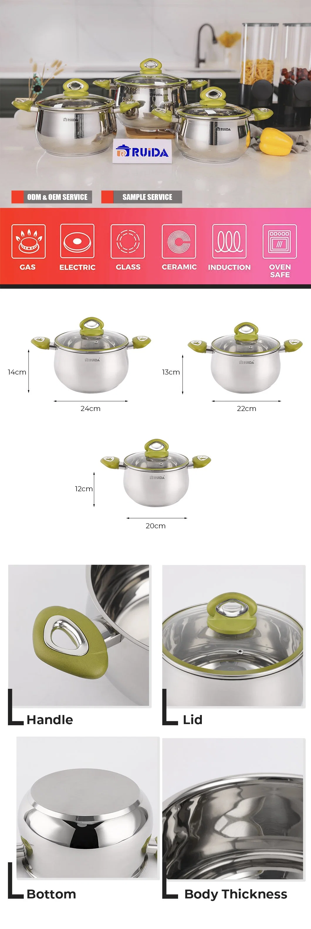 Le ventre de la forme 6pcs ustensiles de cuisine en acier inoxydable ensemble avec poignée Soft Touch vert