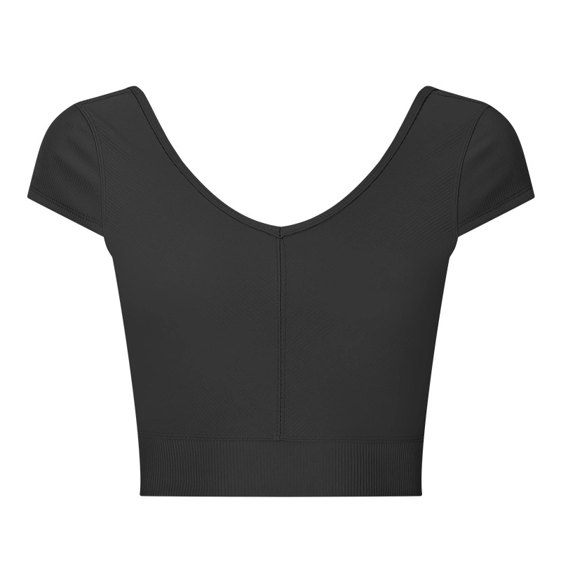 Dt060 Women Ribbed Yoga Short Sleeved Lounge Wear V-Shaped Back-Cross Outdoor Sports Fitness Crop Top