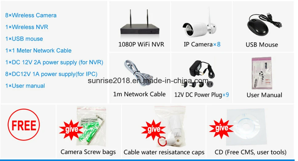 Security 8CH Wireless IP Cameras WiFi NVR Kits with Ce, RoHS, FCC