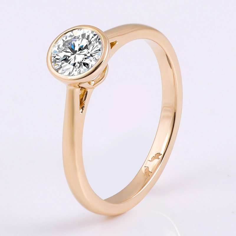 Customized 10K 14K 18K Solid Yellow Gold Ring Round Heart and Arrow Moissanite Bezel Setting Engagement Ring