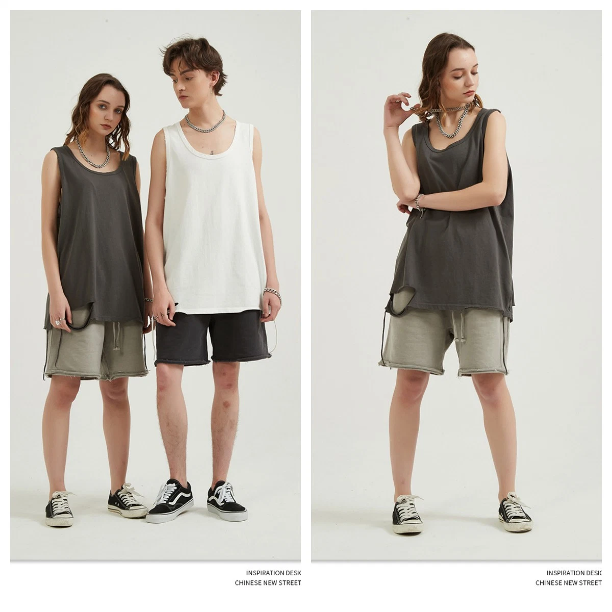 Summer 220GSM 100%Cotton Washed Versatile Loose Sport Sleeveless Tshirt High Street Fashion Split Solid Unisex Vest