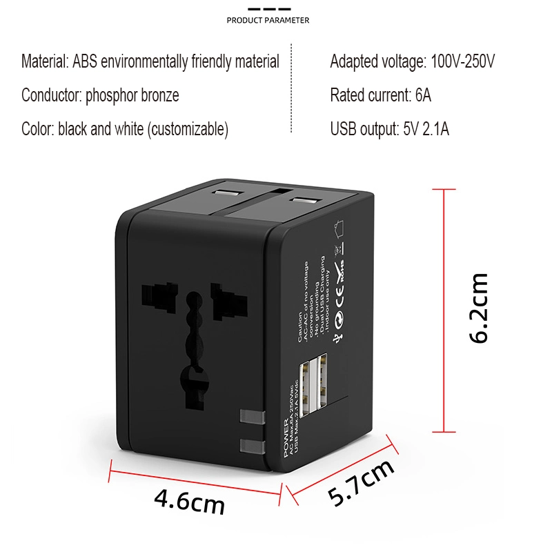 Adaptador universal para viagem universal tudo-em-um alimentação CA de parede Carregador de parede com adaptador de ficha e portas de carregamento USB duplas para Portátil de telemóvel Aus EUA eu UK Preto