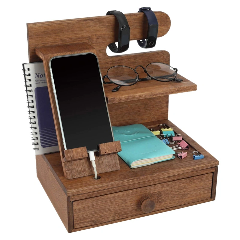 Aveco Desktop Deep Color Home Office Storage Wooden Mobile Phone Holder Glasses Watch with Drawer