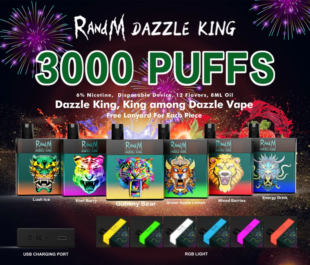 The Best-Selling Randm Dazzle King on The USA Market, Shine Light, 12 Flavors, and Disposable/Chargeable Vape Pen with Good Quality and Good Price.