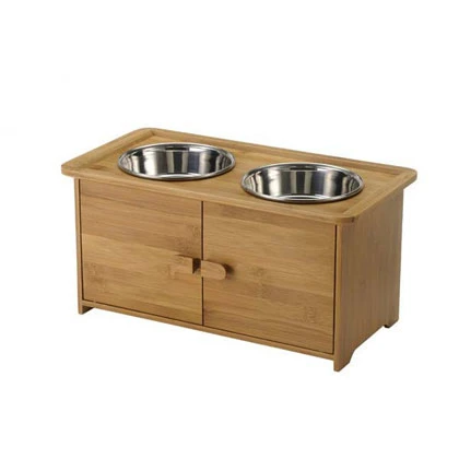 Cat Feeder Made by Handy Carving Wood Board and Stainless Steel Bowl