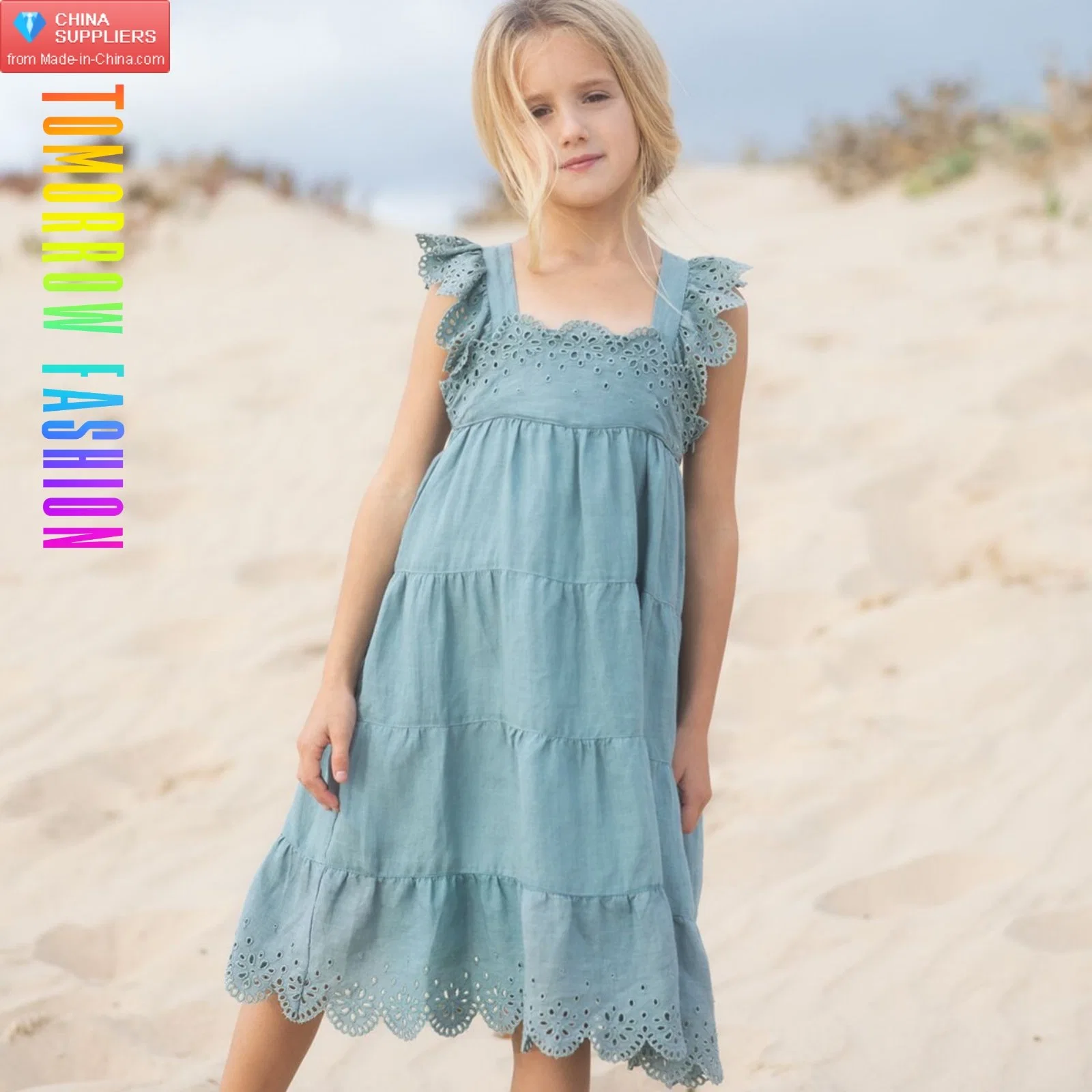 High quality/High cost performance Custom Wholesale/Supplier Big Kids Wear Apparel Vendor Designers Summer Children Girl Clothing Kids Lace Clothes Girls Dress with Ruffles Embroidery