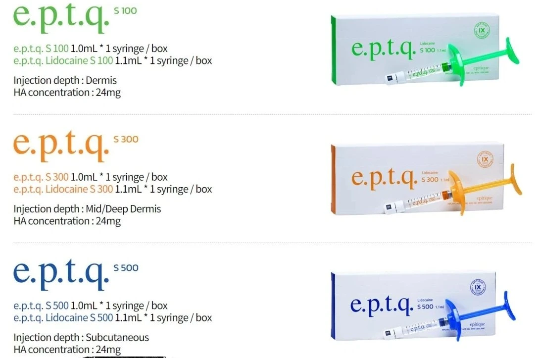 Korea bekannter Eptq Dermal Filler Epitique CE Approved S100 S300 S500 Yvoire Beaufiller Revolax Bonetta Bellenar Bellast Hyaluronsäure injizierbar