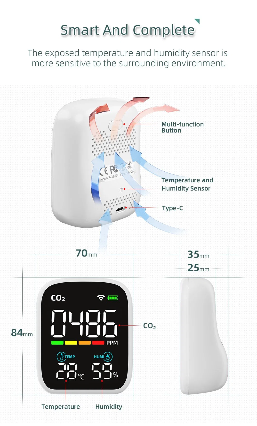 Цифровой беспроводной портативный измеритель CO2 с ЖК-дисплей с Tuya APP