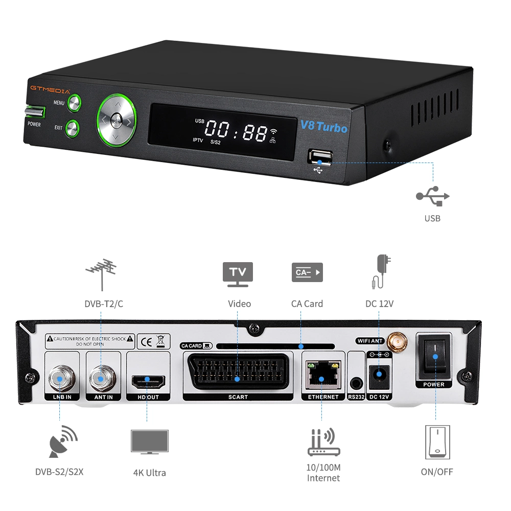 Gtmedia V8 TURBO DVB-S/S2/S2X+T/T2/кабель/J. 83b спутниковый ресивер Auto Biss ключ 2.4G WiFi, Ethernet, 10bit встроенного по спутниковой связи