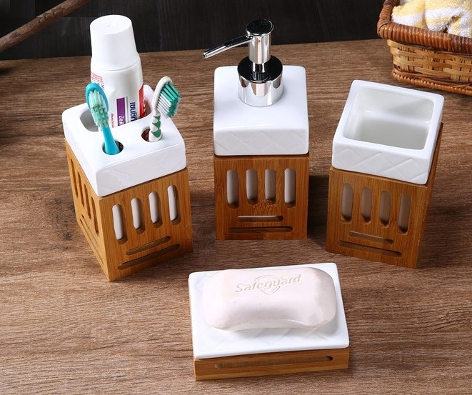 Natural Bamboo Bathroom Ceramic Accessories Set