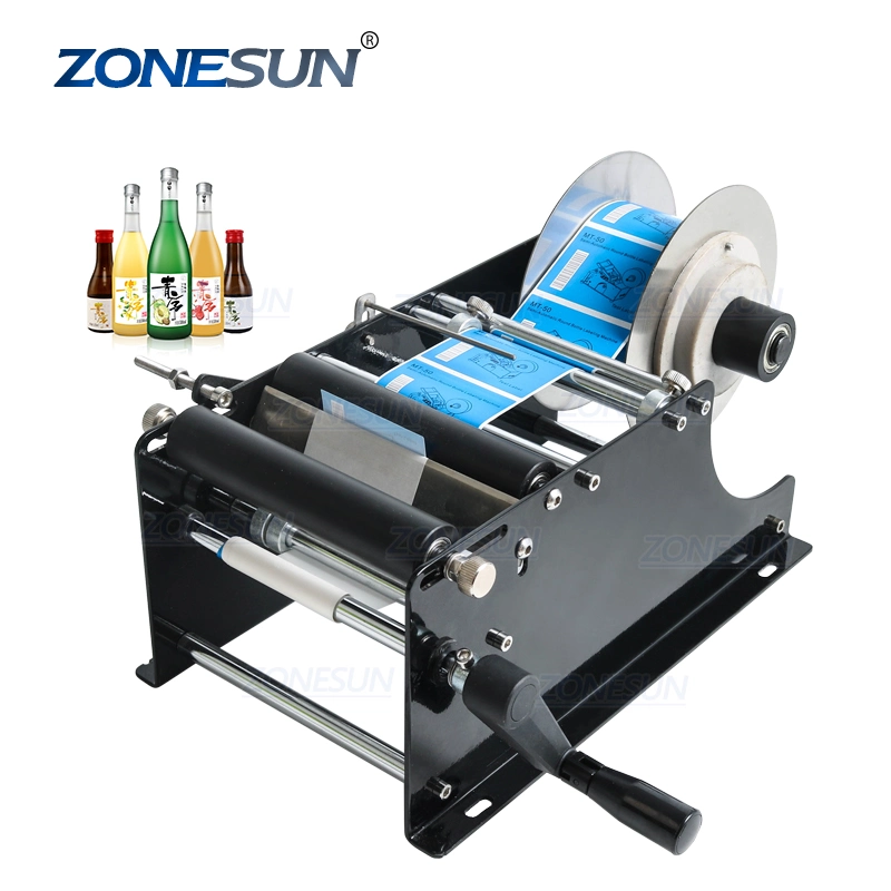 Zonesun Manual Mineral Water Plastic Round Bottle Labeling Machine for Round Bottles Sticker Label Packing Machine
