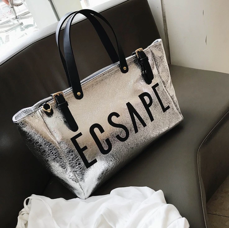 New Women's Metallic Laser PU Travel Bag Large-Capacity Letter Printing Slant Across Shoulder Tote Bag