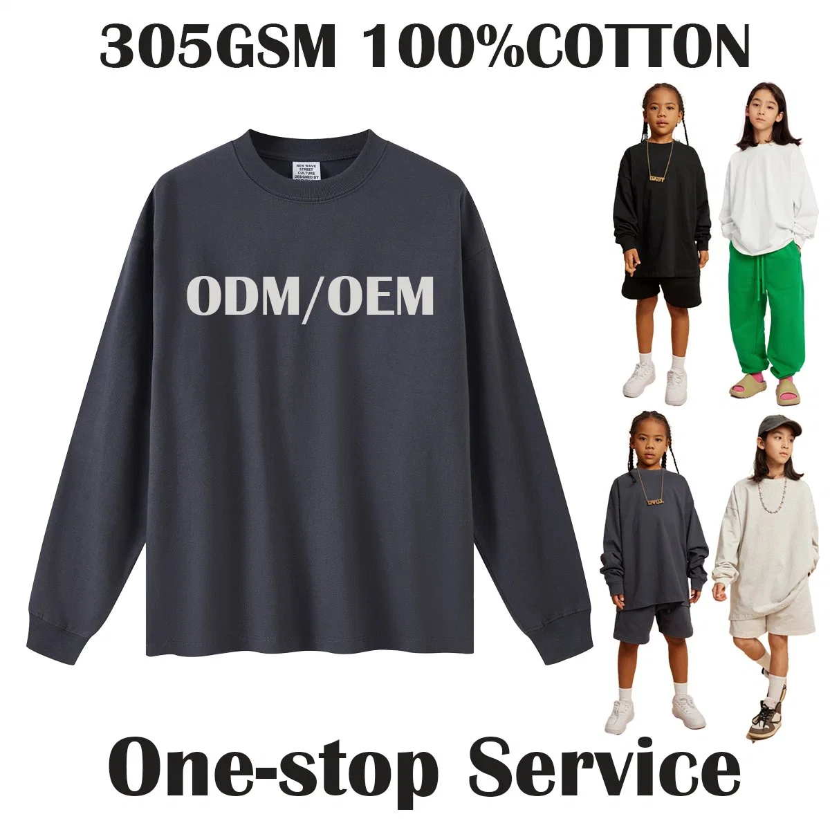 Autumn and Winter New High Quality 305g Heavy 100% Cotton Basic Blank Custom Logo Children Clothes Tops Plain Oversize Long Sleeve Tee Shirts