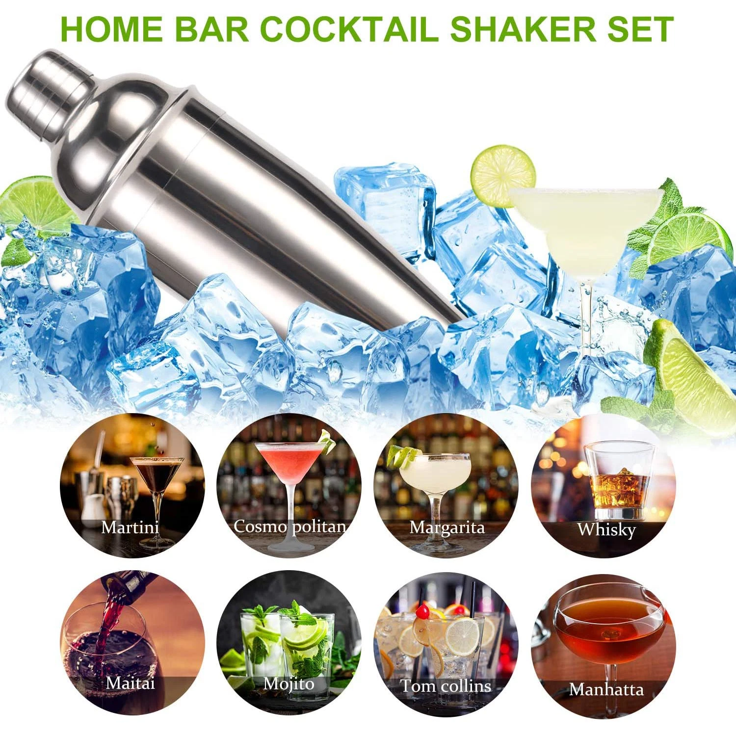 Le barman Kit outils Barware Cocktail en acier inoxydable Ensemble de secoueur