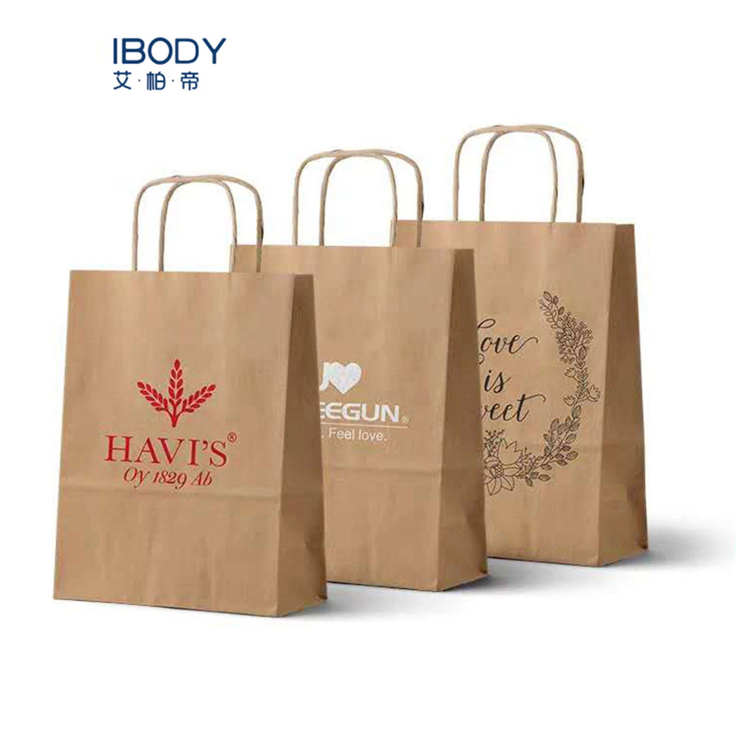 Printed Paper Flat Handle Snack Food Packaging Stand up Kraft Paper Bag Paper Shopping Bags with Logos