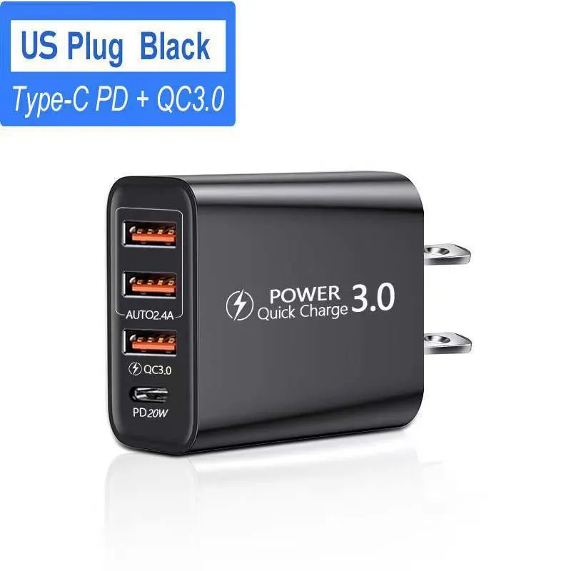 New Factory Price Fast Charging Mobile Phone Charger QC3.0 3A EU Us Standard Type-C + 3USB Multi-Port Pd Adapter Charger