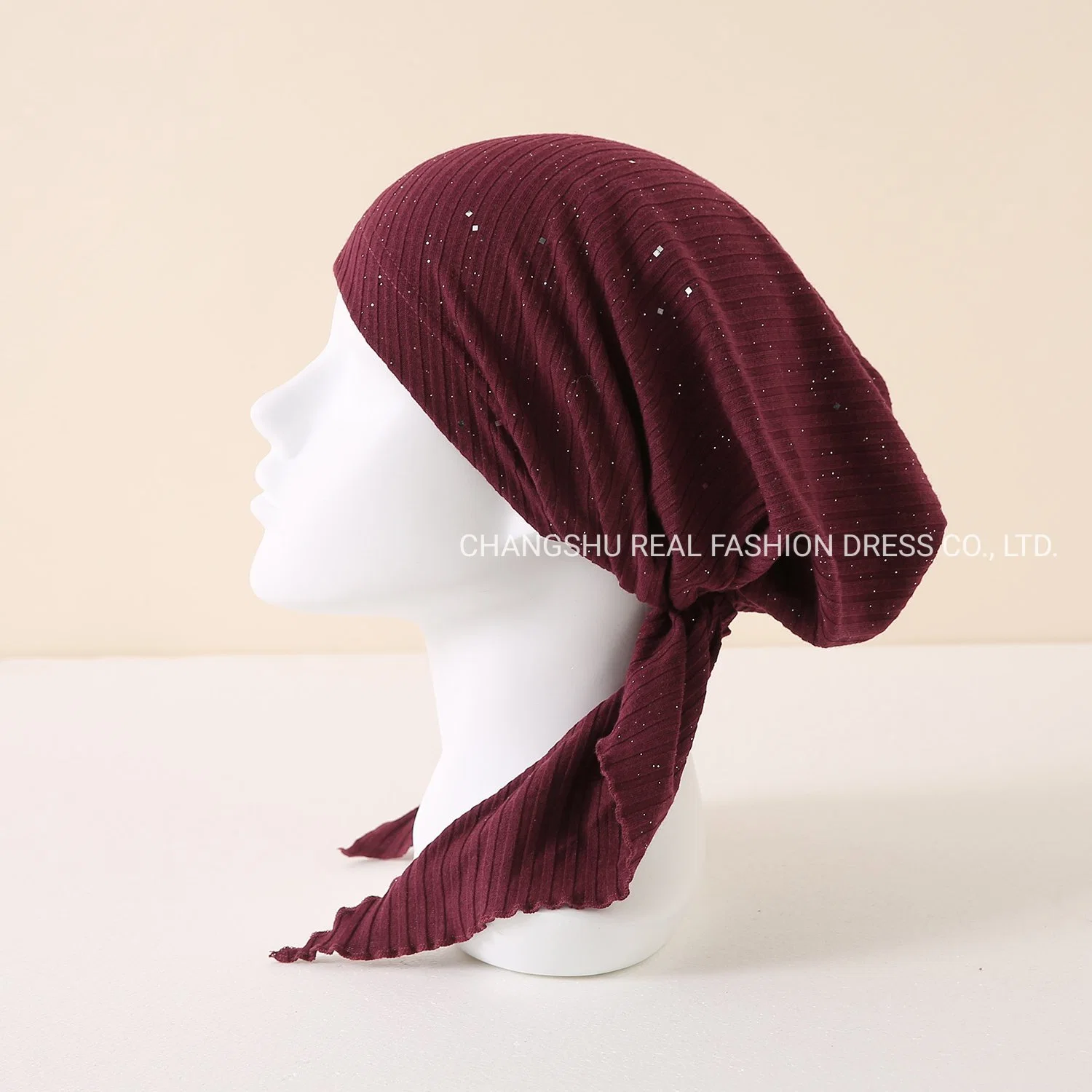 Muslim Lady New Fashion Knit Burgundy Foil Ribbed Pre-Tieds Hat with Lining and Tails