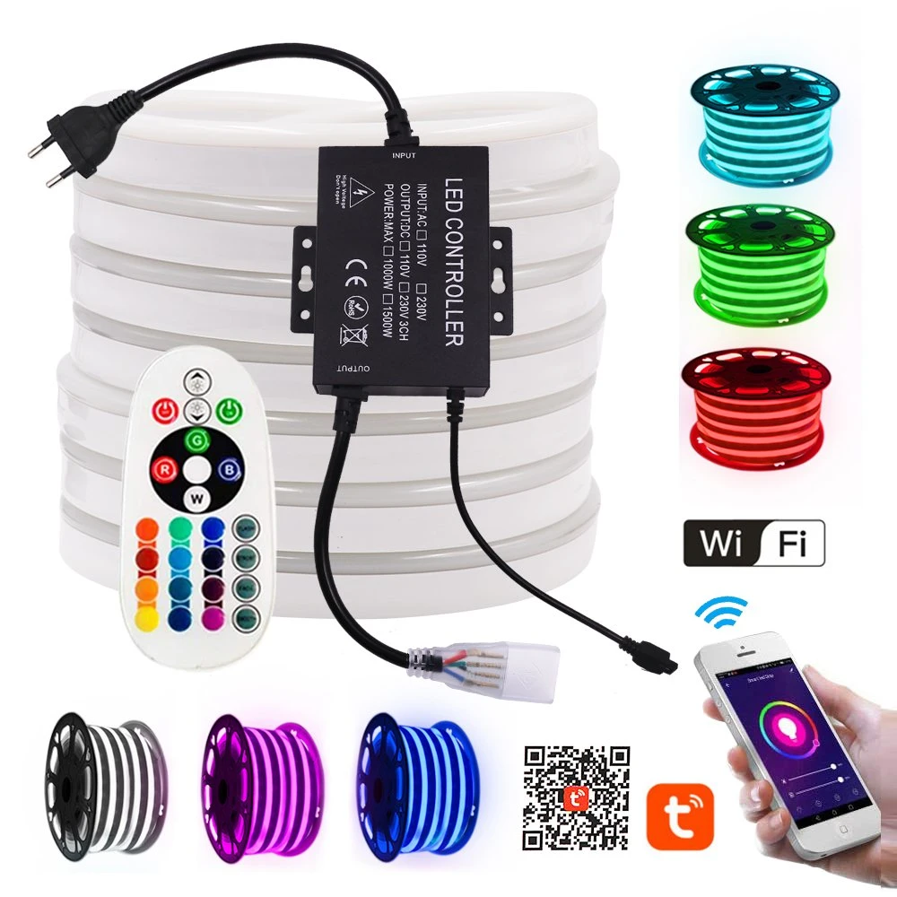Tuya WiFi Alexa Bluetooth RGB Neon Light 110V 220V Waterproof Outdoor Garden Colorful Flexible Ribbion Rope LED Strip