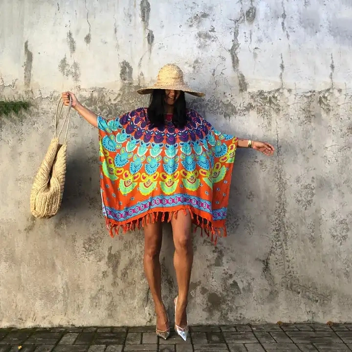 Rainbow Print Tassel Decoration Summer Woman Beachwear Bohemian Tops Women Beach Dress