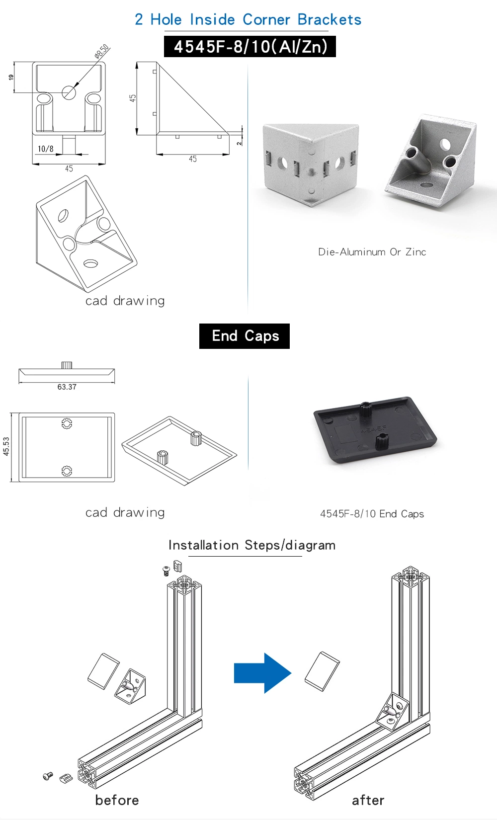 Chinese Supplier OEM ODM 4545f-8 Casting Zinc Bracket for Aluminium Extrusion Profile and Workbench in 45X45 45X90 90X90 in Painting Silver and Black