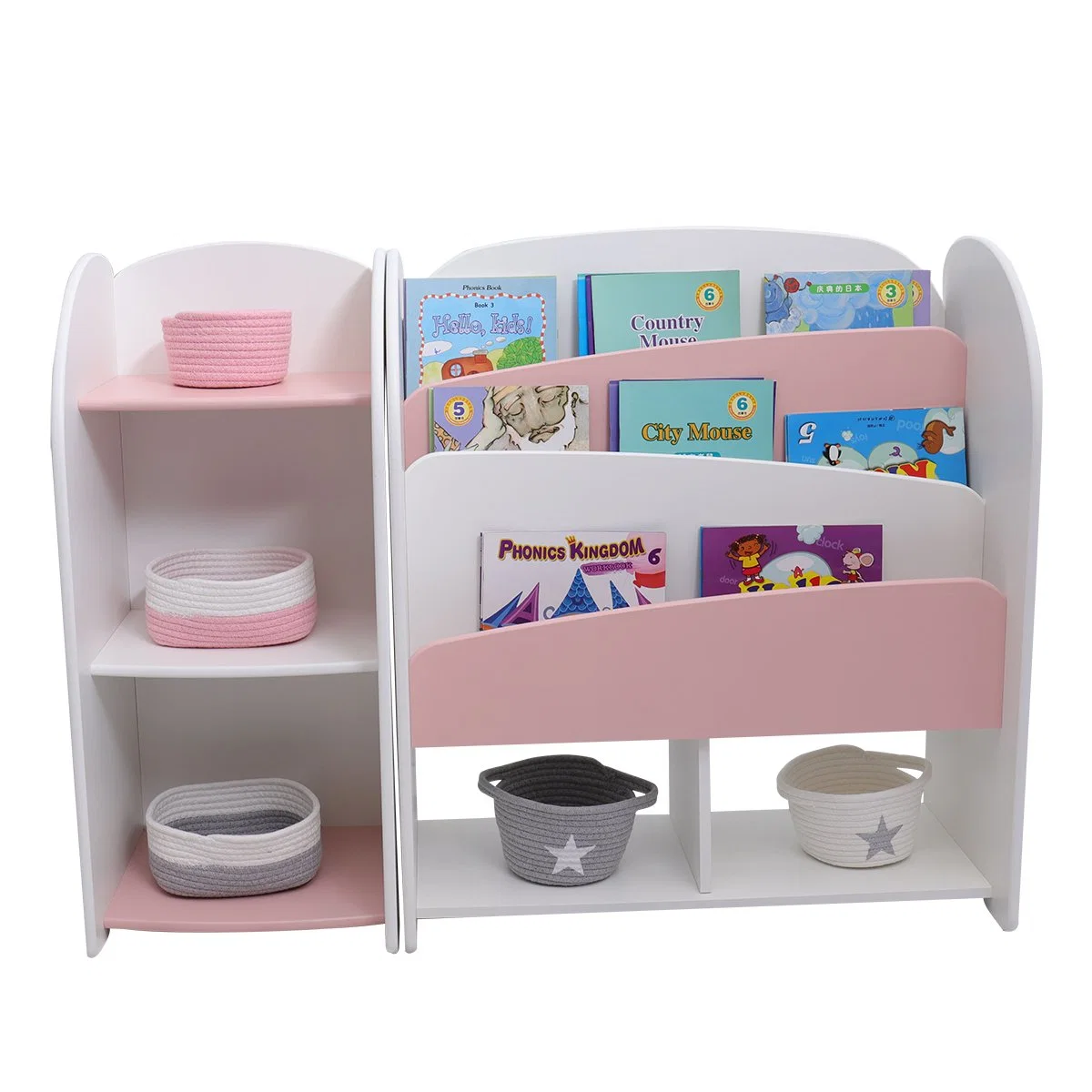 Modern 3 Layer Storage Cabinet Pink and White Wooden Bookshelf Preschool Toddler Storage Shelf