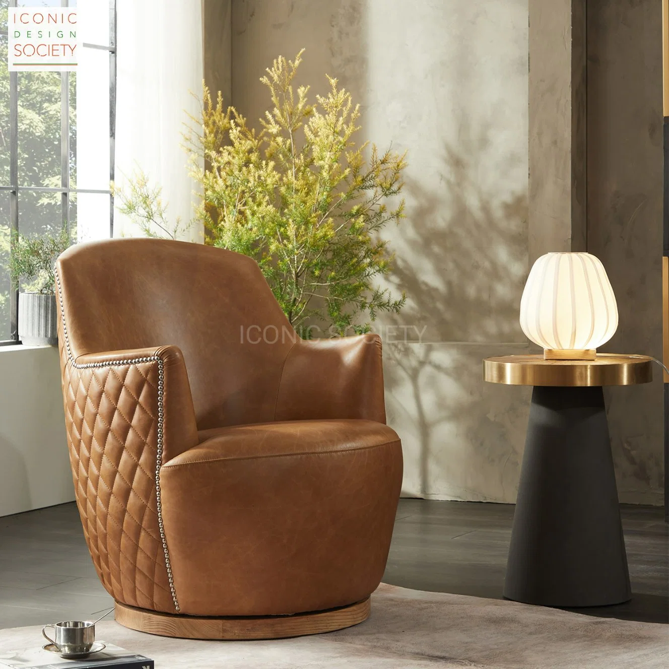 Modern Handmade Hotel Office Living Room Furniture Leisure Genuine Leather Swivel Accent Chair