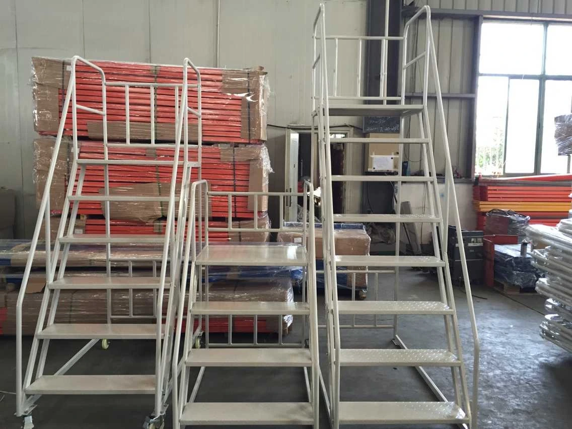 Warehouse Mobile Ladder Platform Metal Portable Stairs with Handrail