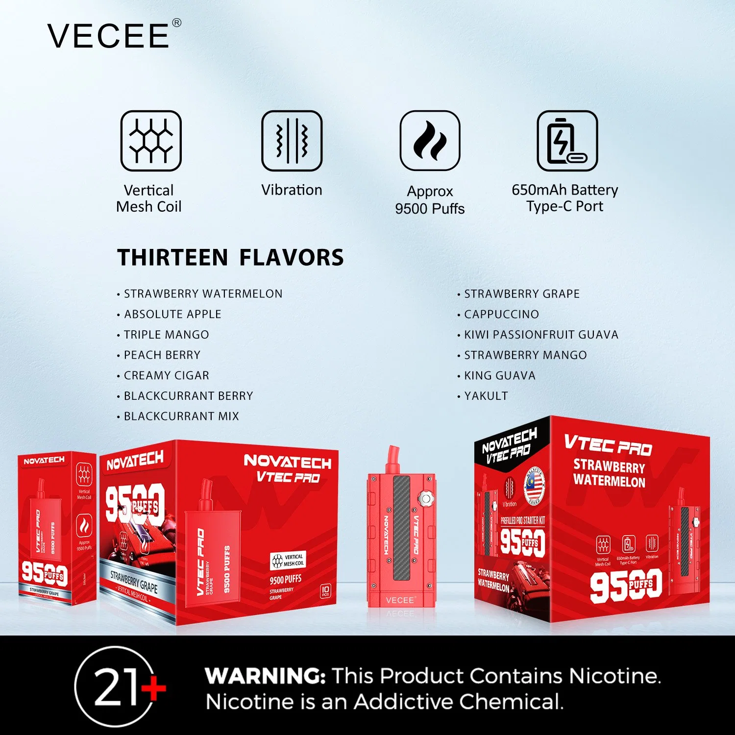 Vecee-Vtec PRO Malaysia Market Ecigs 17 Flavors 9500 Puffs Rechargeable Wholesale/Supplier I Vape Electronic Cigarette