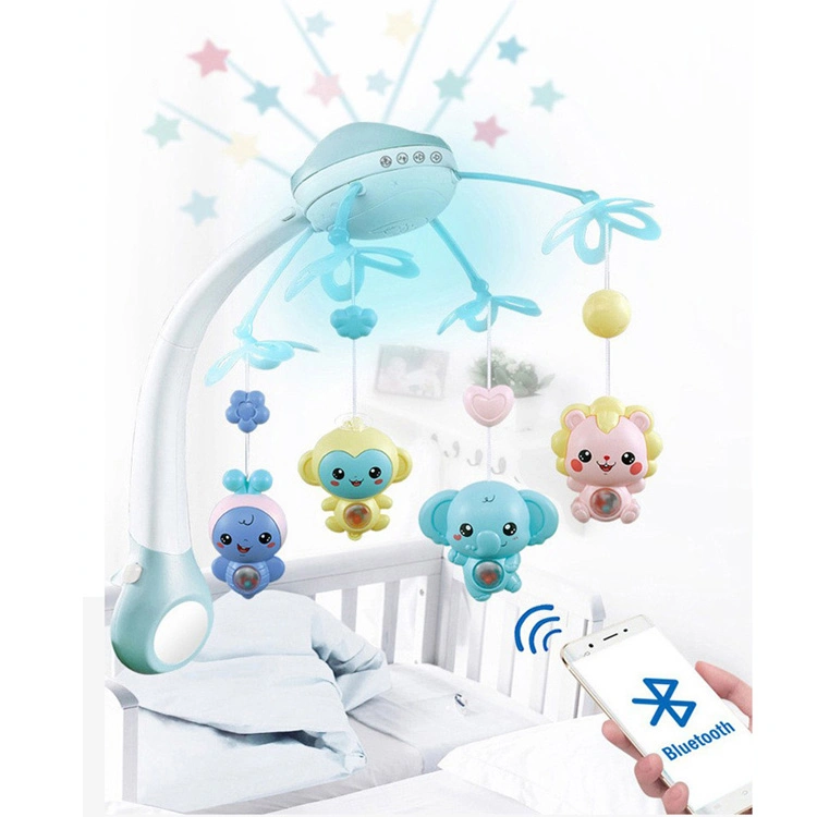 Retroprojetor de plástico Toys elétrico à beira do leito rotação do comando remoto Blue Tooth Móbile de berço com cama de luz nocturna, com o móbile Mordedor de roca