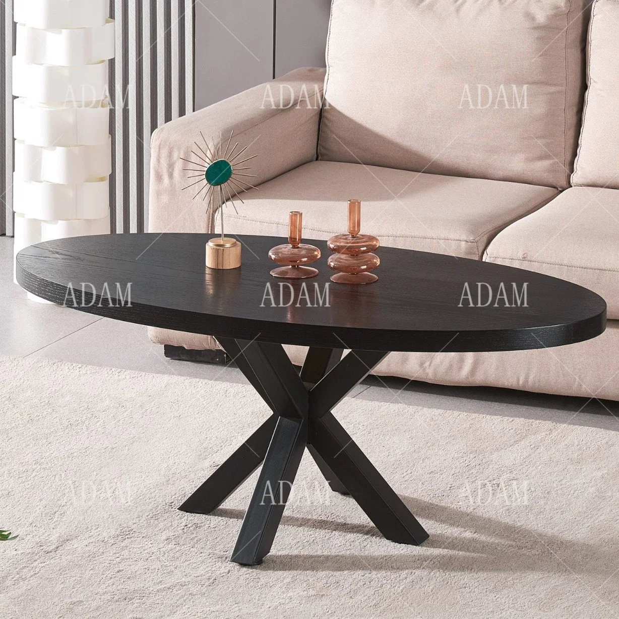 Hot Sale China Wholesale Black Veneer Wood Oval Coffee Table with Steel Black Powder Coating