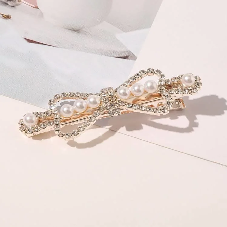 Hot Sales Pretty Korean Style Shiny Rhinestone Crystal Hair Clip Pearl Butterfly Bow Duckbill Clip Hair Accessories for Women