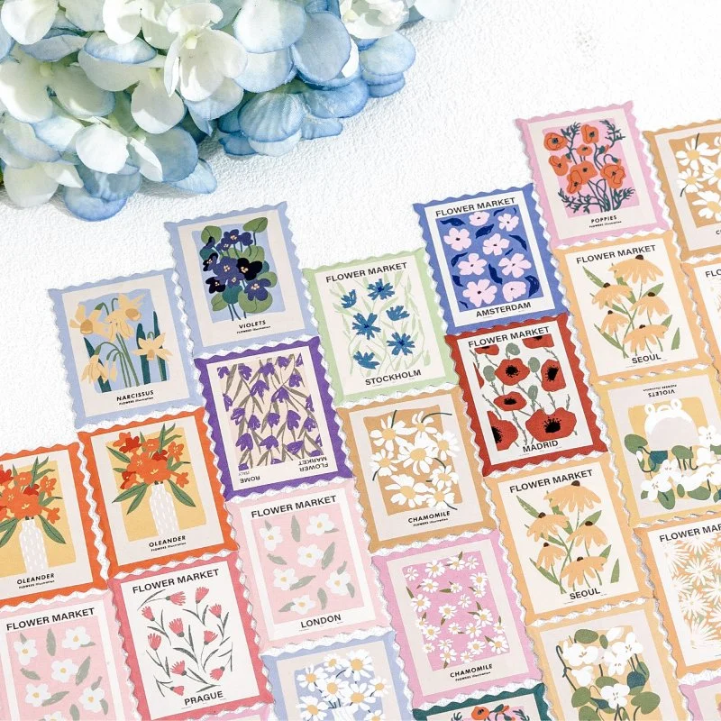 Custom Vintage Planner Decorative Label Die Cut Adhesive Cute Flower Post Office Stamp Waterproof Sticker