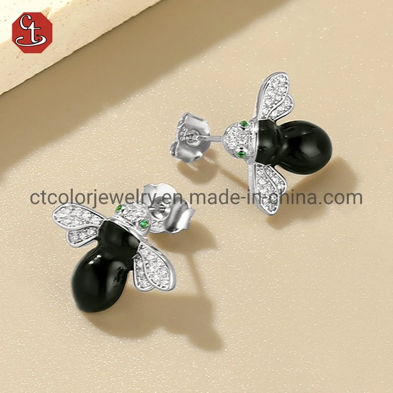 Cute Animal Model Green Enamel Zirconia Bee Ring Earrings Necklace Jewelry Set