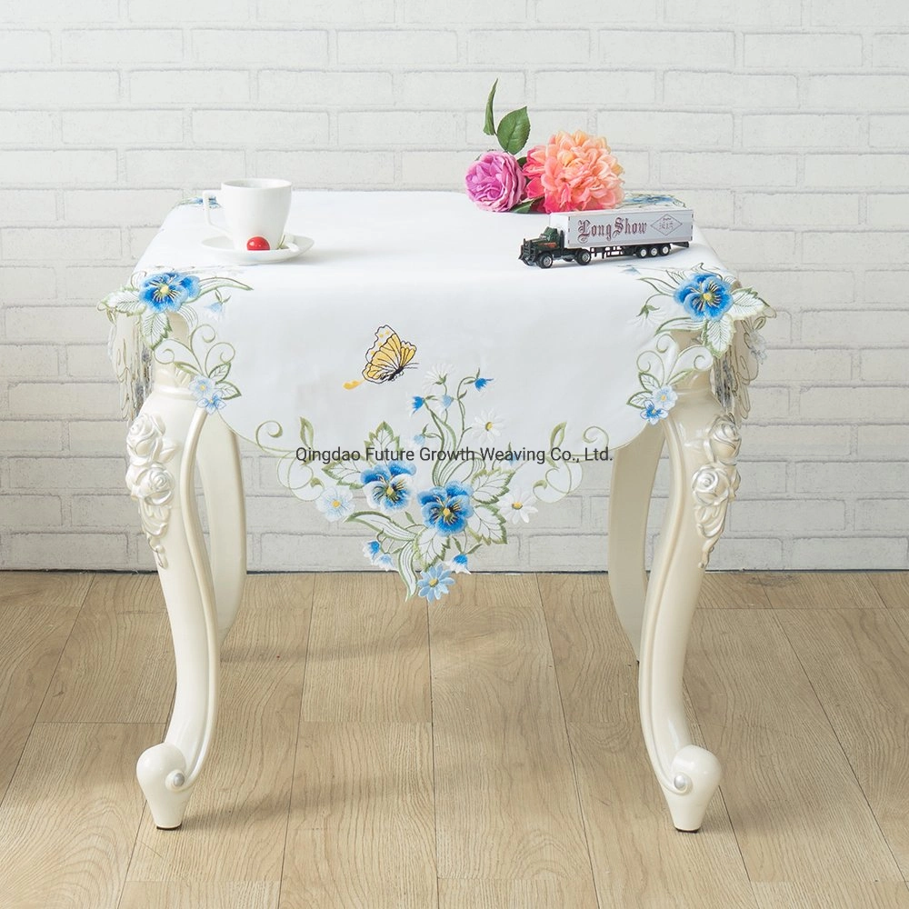 Elegante Blanco satinado Cutwork azul y blanco, el patrón de flores de tapa de la mesa