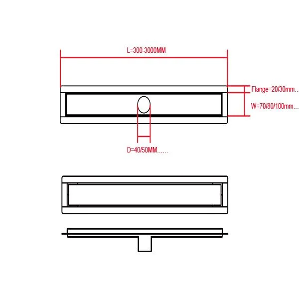 Sanipro SUS304 Brushed Hotel Bathroom Floor Drain Cover Channel Vertical Outlet Long Linear Shower Drains with Flange